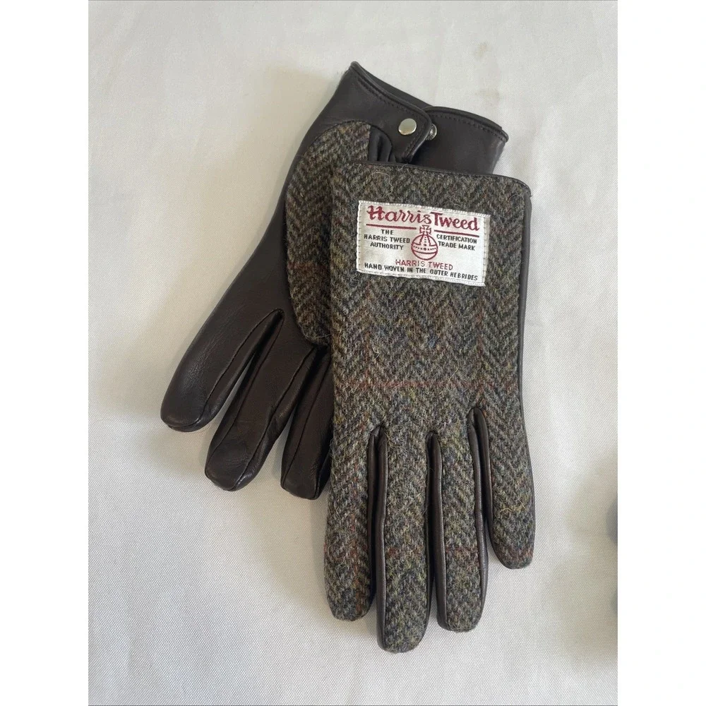NWOT Harris Tweed Scotland Wool Leather Gloves S Brown Herringbone Peter James